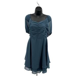 Altar'd State Mini Dress WMNS XL Blue Ruched Puff Sleeve Layered Chiffon Smocked